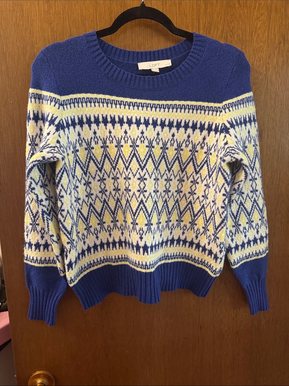 LOFT Blue, Cream & Yellow Fair Isle Crewneck Sweater